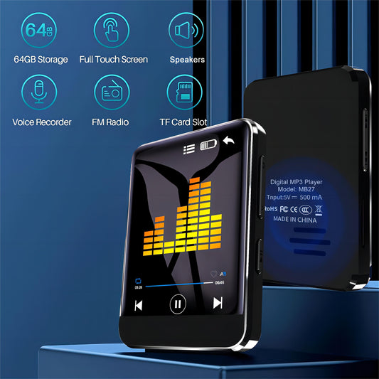 64GB Portable MP3 Player with Full Touch Screen, HD Speaker, FM Radio, Voice Recorder, and 64GB Storage – Compact Design for Travel, Sports, and Video Playback, Travel Music Player | Sleek Gadget Design | Vibrant Display